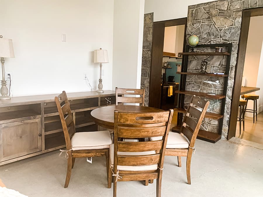 dining room in unique renovated 1920s gas station Airbnb