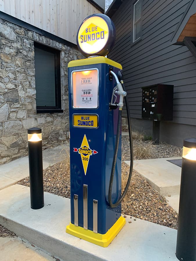 vintage gas pump outside unique Airbnb in Winchester, VA