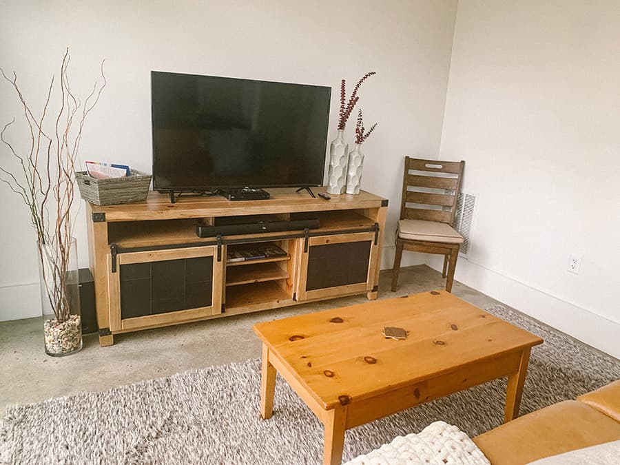 living room renovated auto repair shop Airbnb