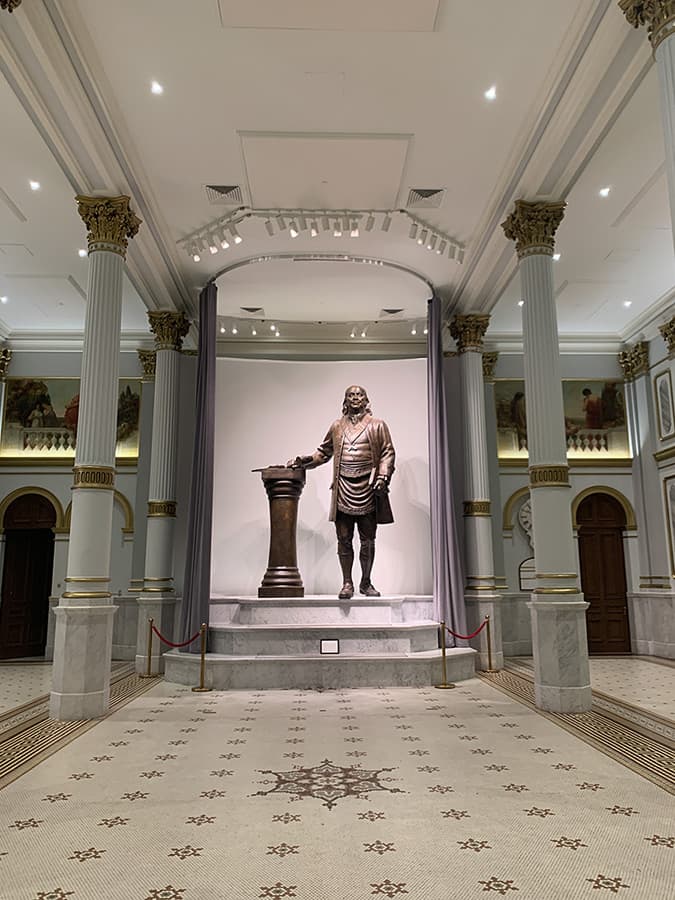 Giant Benjamin Franklin statue inside the Grand Ballroom of the Philadelphia Masonic Temple