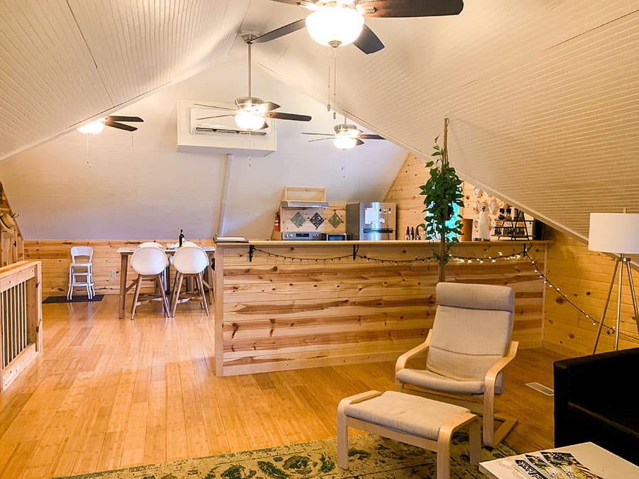 living room and kitchen in winery loft