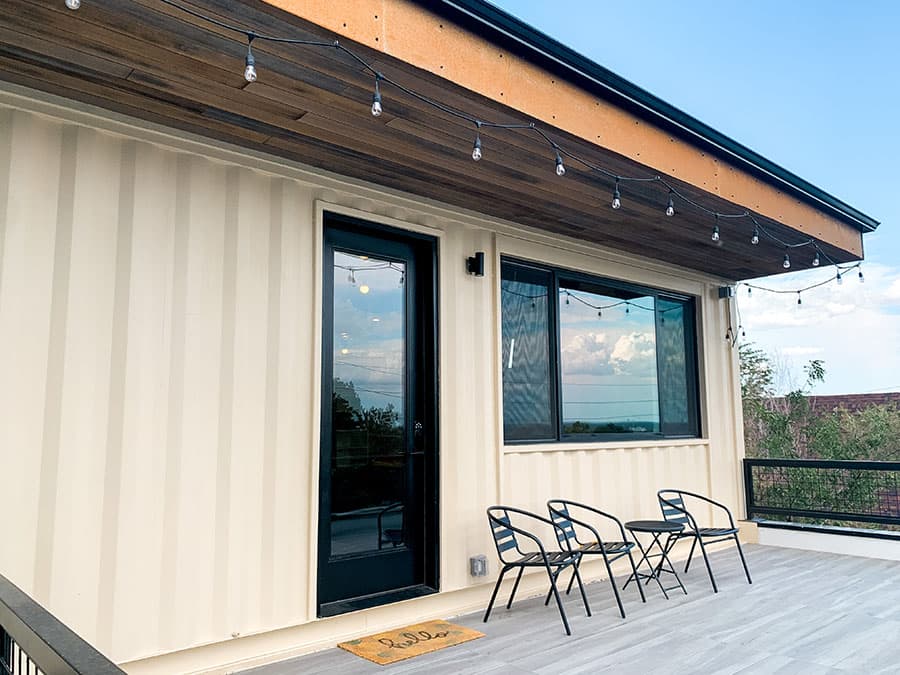 porch of shipping container home in Denver