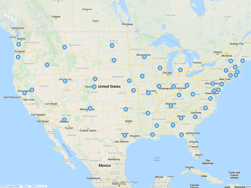 Map of Capitol Buildings in the U.S.