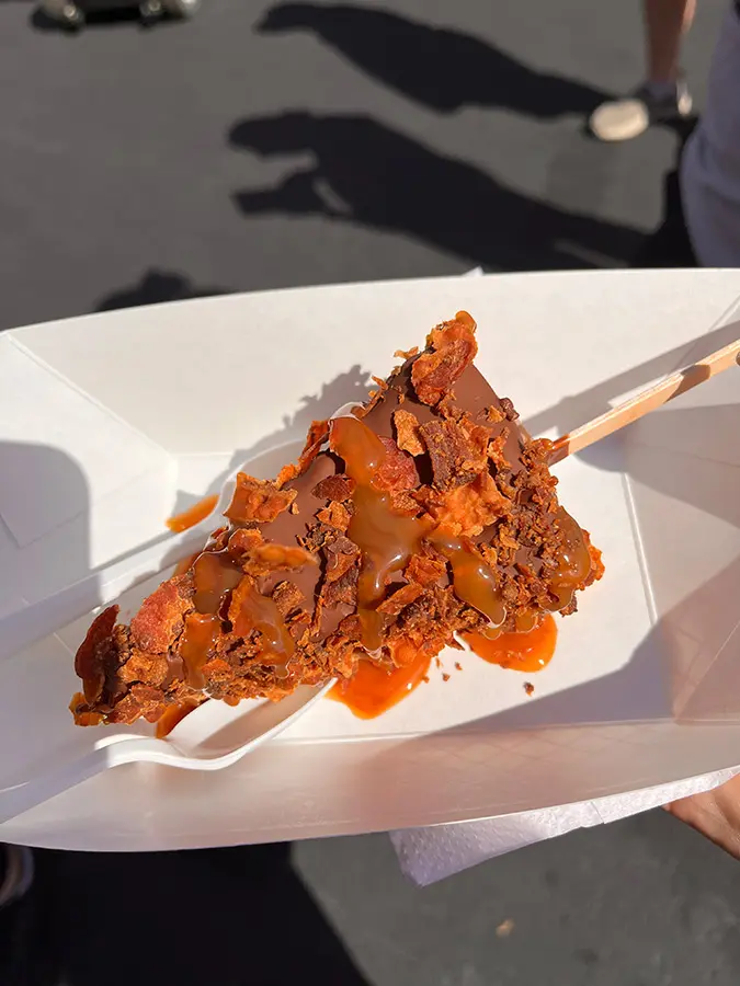 Bacon chocolate cheesecake on a stick at the Florida State Fair